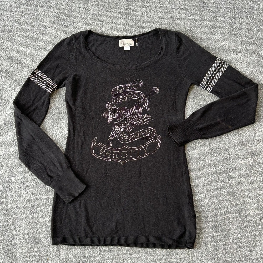 Ed Hardy Sweater Womens Petite Large Black Rhinestone Varsity Tattoo Scoop Neck